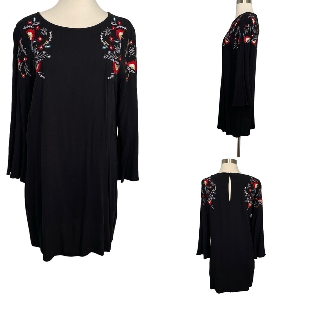 Jack by BB Dakota Black and Red Long Sleeve Dress with Floral Embroidery NWT